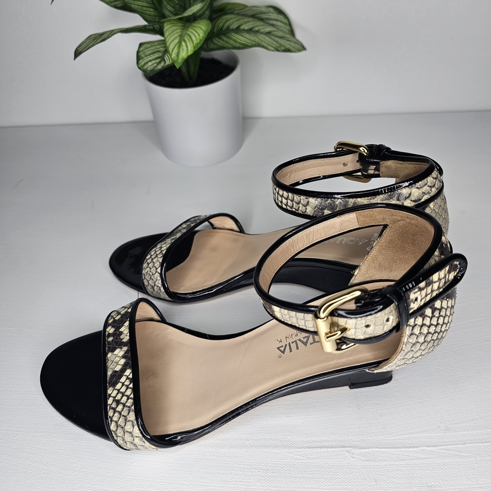 Aquatalia Quenby Wedge Sandals 8 Elegant Black Patent Leather Snakeskin Italian - Picture 4 of 8